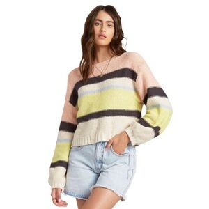 Billabong Seeing Stripes Knit Sweater pullover crop yellow cream pink small NEW